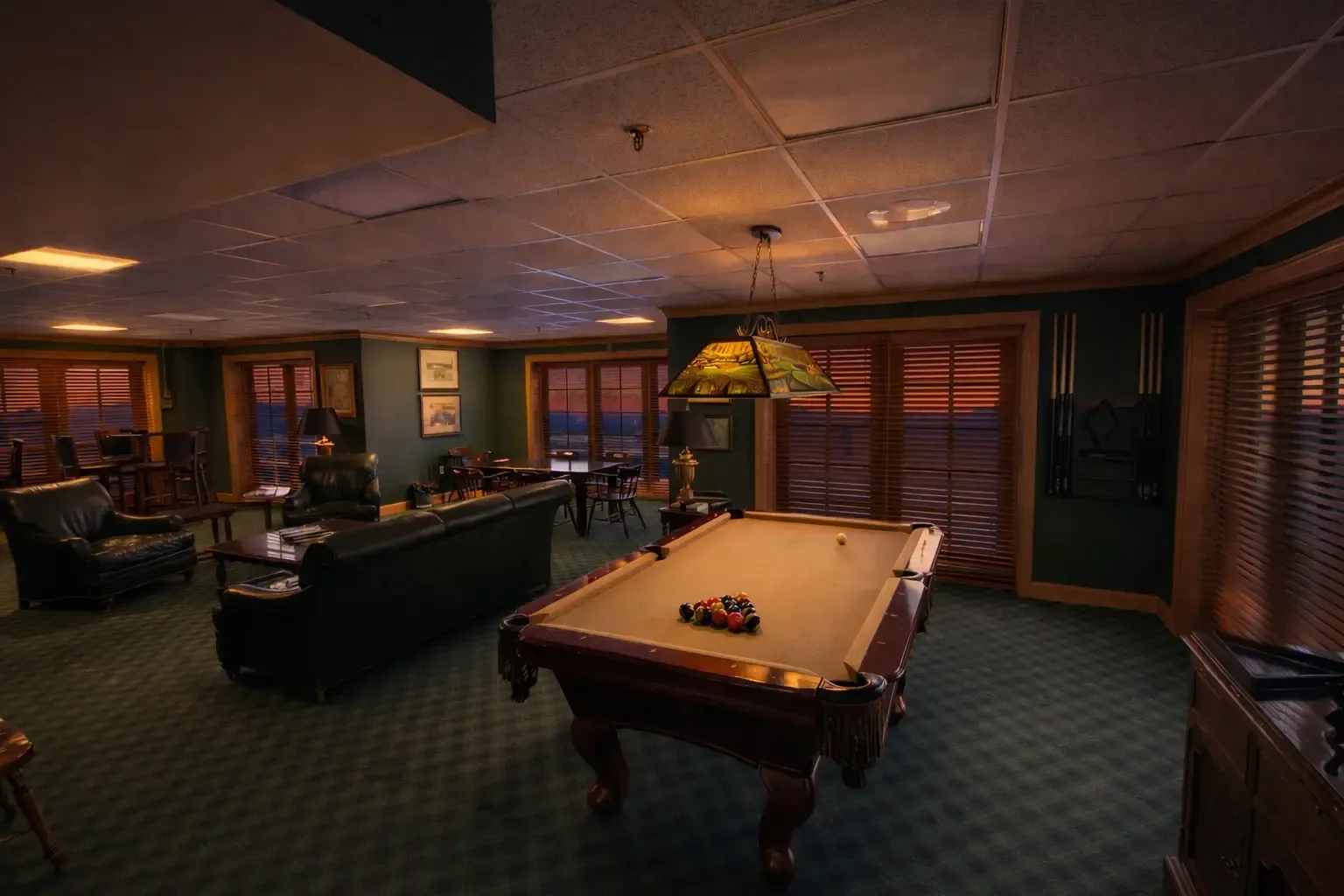 Game room at dusk.