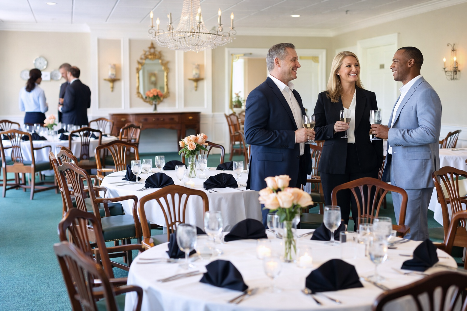 business-function people buy. People in suits casually speaking at a business function